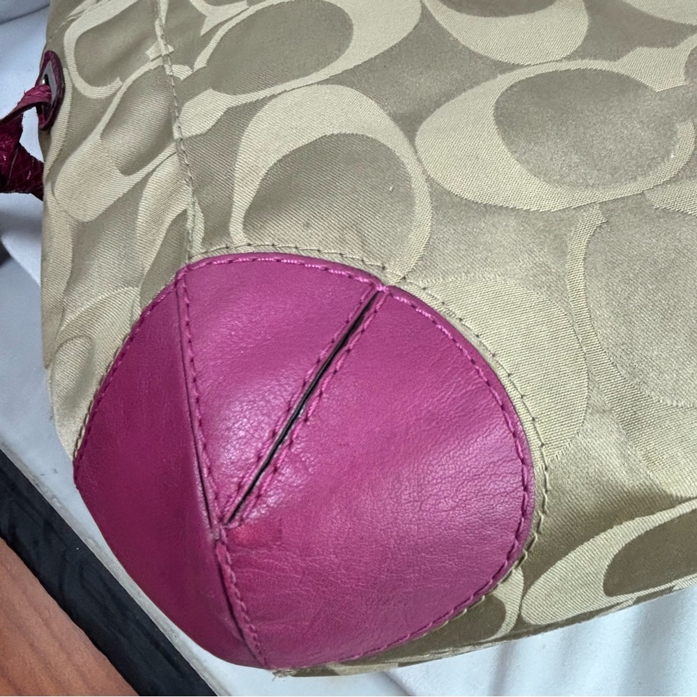COACH Peyton Signature Khaki/ Fushia Sateen Signature Tote Bag - Picture 14 of 14